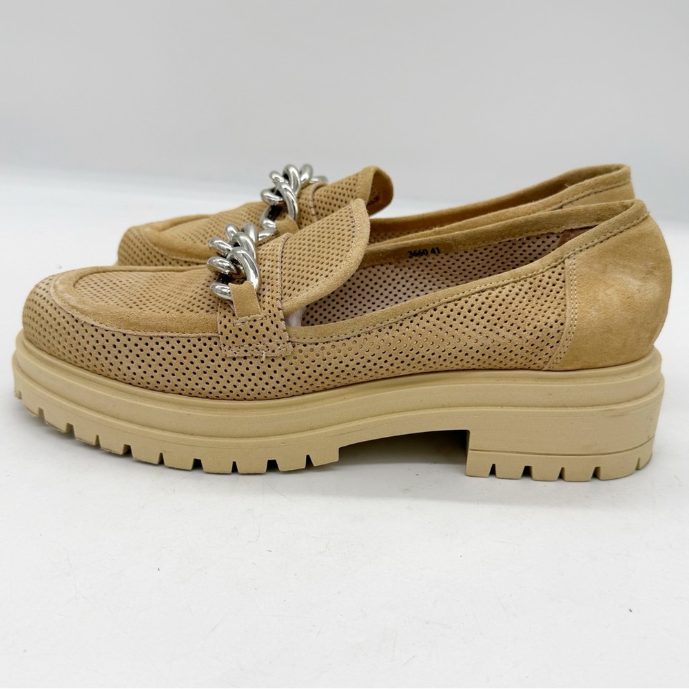 Napoleoni Italy Chunky Lug Sole Perforated Suede Chain Loafers Size 41 Beige